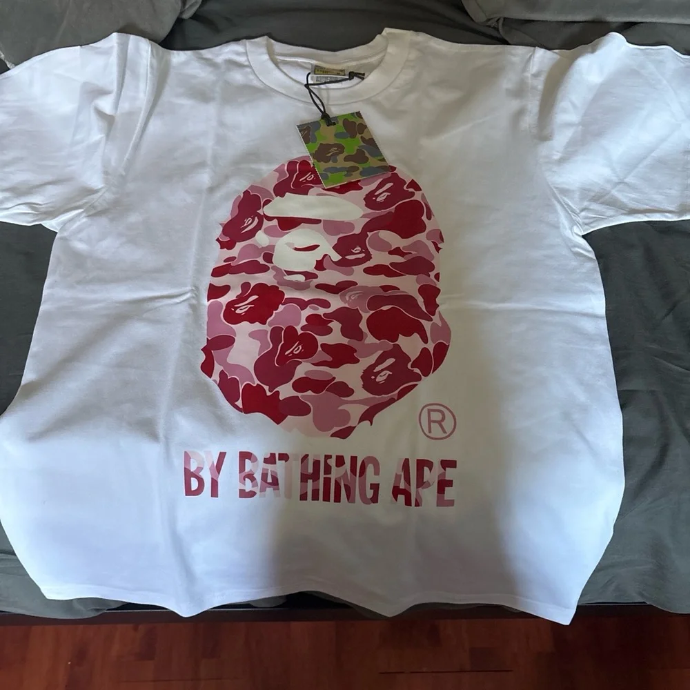 Bape White Short Sleeve Tee with Pink & Red Camo Ape Head - Picture 2 of 3